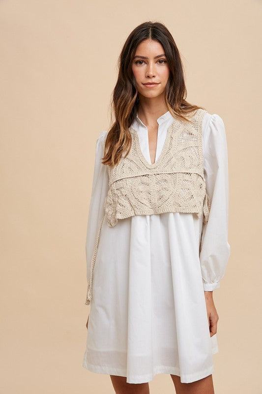 Annie Wear Crochet Vest Notched Long Sleeve Shirt Dress 21114 | Gulf Resellers 