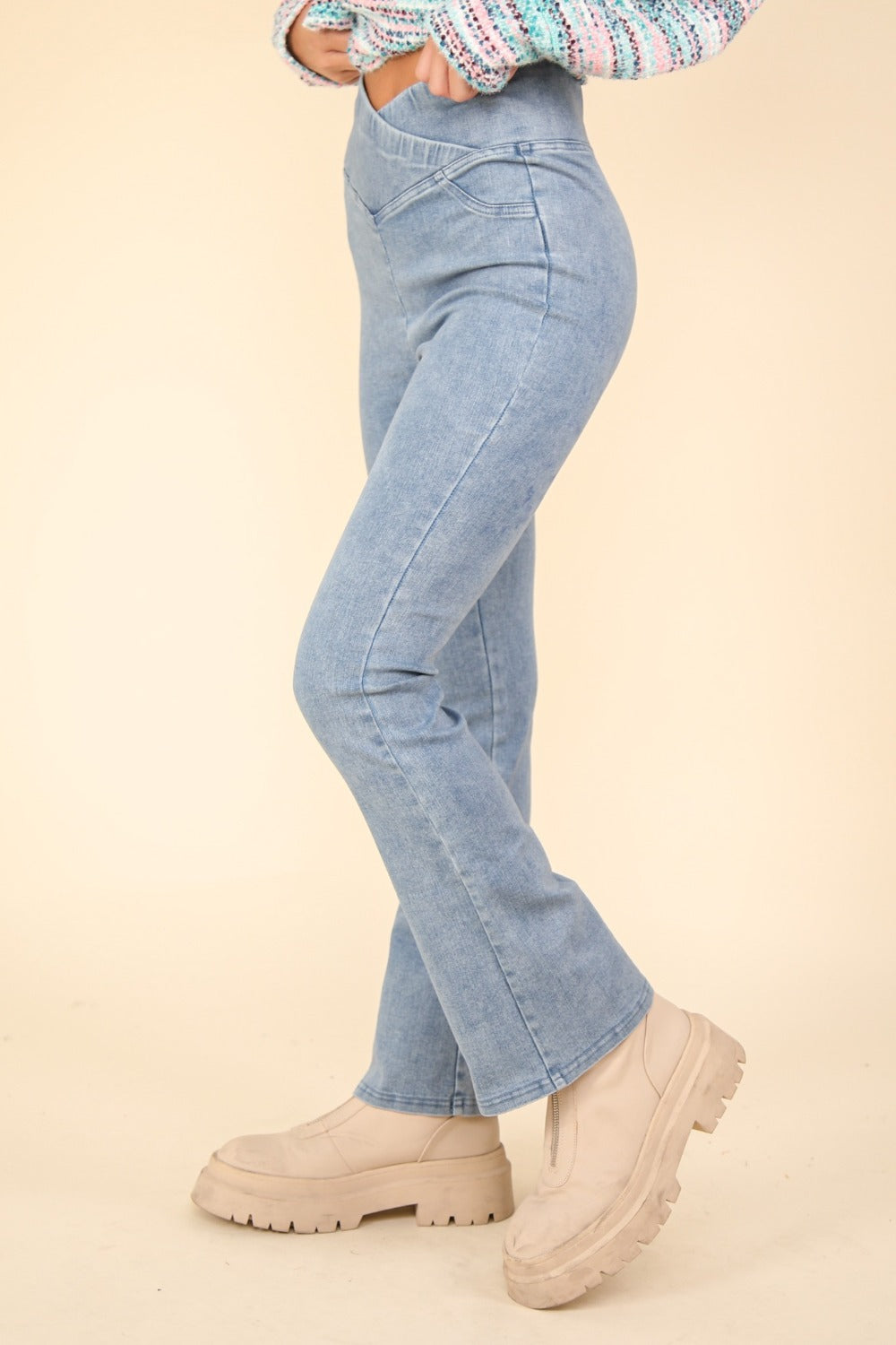 VERY J Washed Denim Stretchy Crossover Waist Leggings | Gulf Resellers