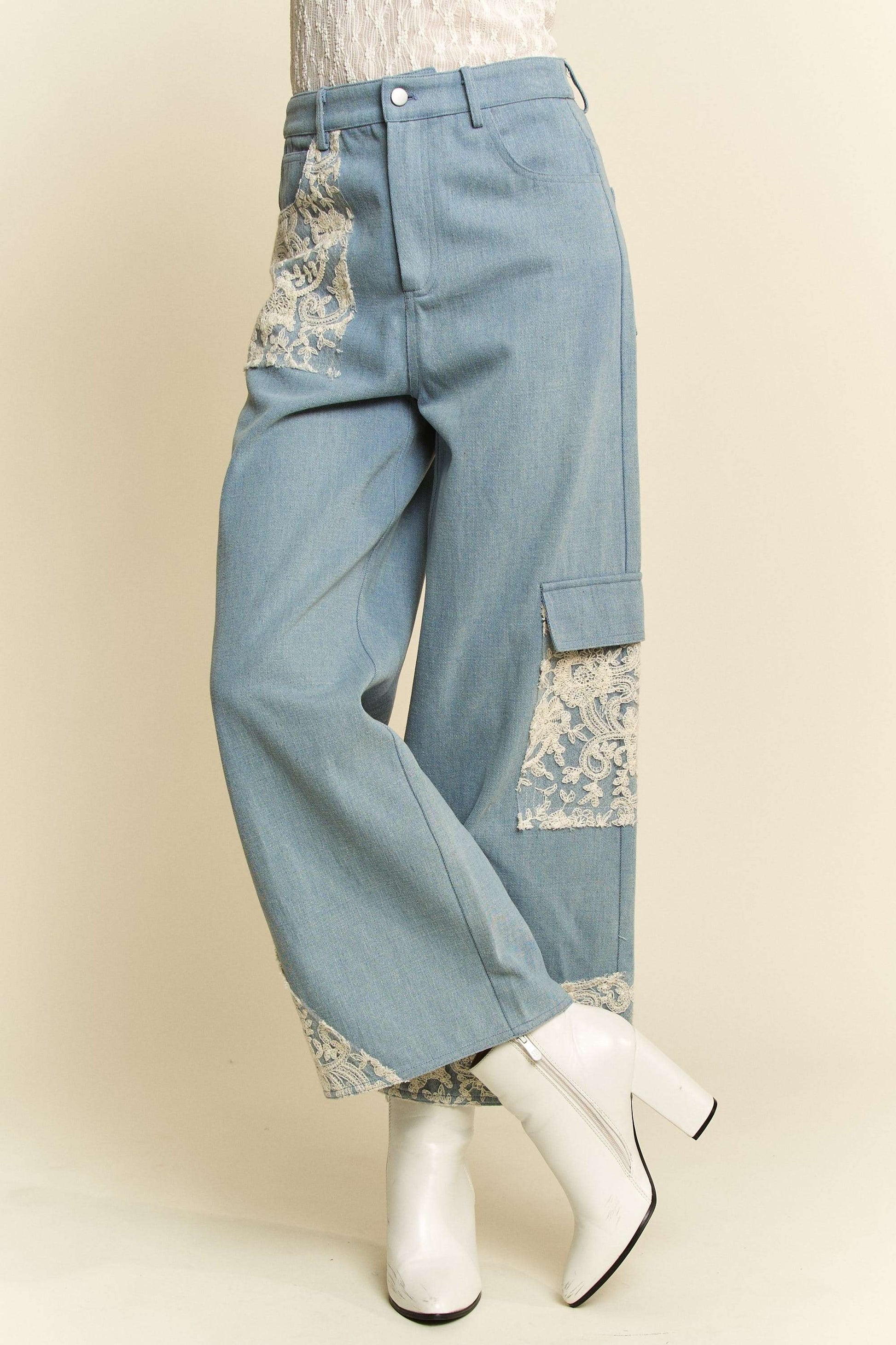 Davi & Dani Lace Applique Wide Leg Jeans 18968 | Gulf Resellers 