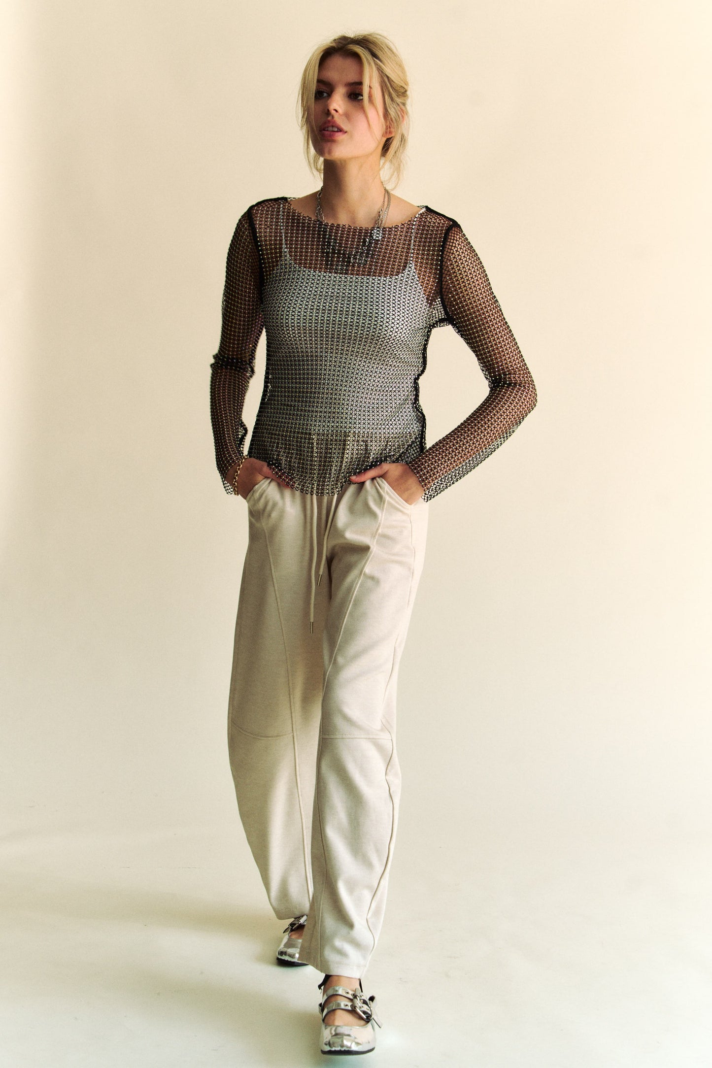 Davi & Dani Sparkling Rhinestone Sheer Mesh Round Neck Top 18108 | Gulf Resellers 