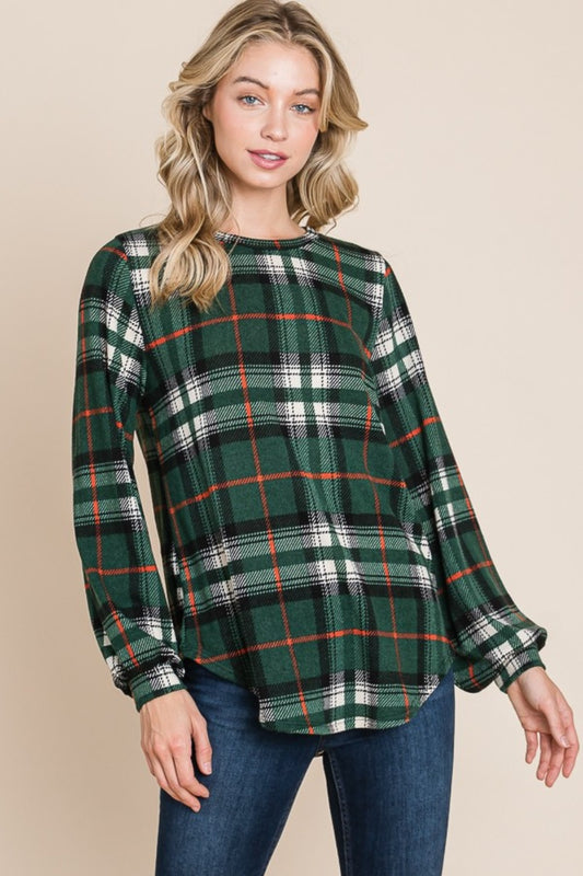 BOMBOM Curved Hem Plaid Round Neck Long Sleeve Top 20306 | Gulf Resellers 