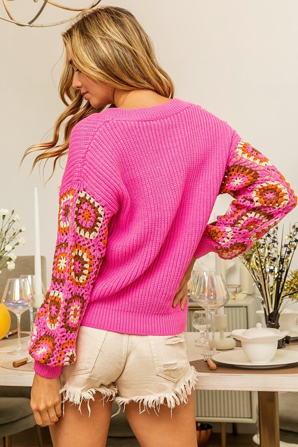 BiBi V-Neck Crochet Long Sleeve Sweater 8963 | Gulf Resellers 