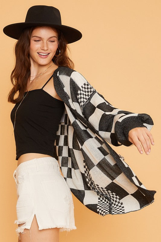 Annie Wear Checkered Open Front Drop Shoulder Cardigan 19985 | Gulf Resellers 