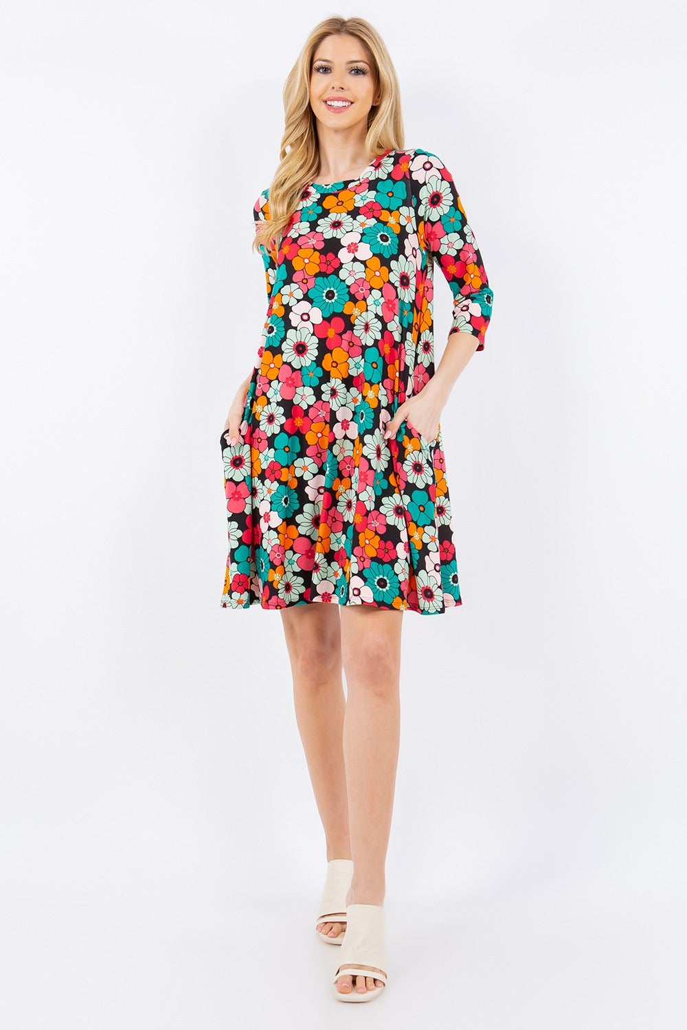 Celeste Full Size Floral Three-Quarter Sleeve Dress with Pockets 7922 | Gulf Resellers 