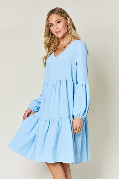 Double Take Full Size V-Neck Balloon Sleeve Tiered Dress