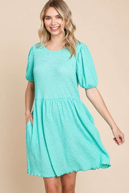 Culture Code Full Size Textured Round Neck Puff Sleeve Dress