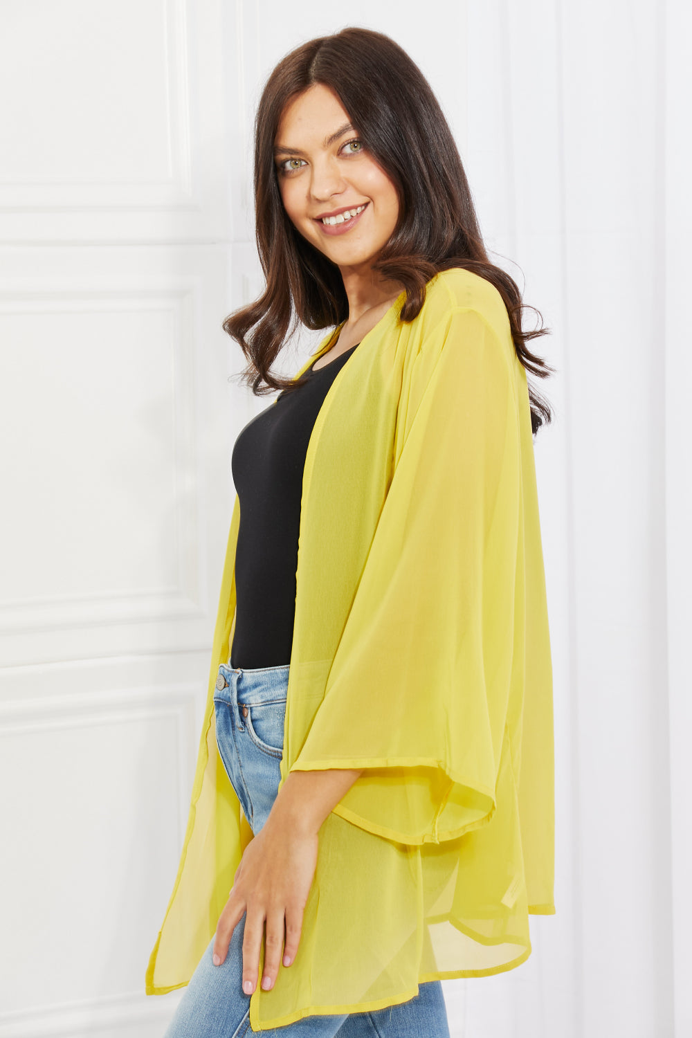 Melody Just Breathe Full Size Chiffon Kimono in Yellow