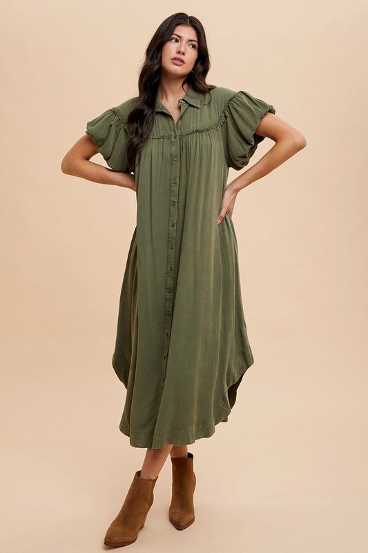 Annie Wear Mineral Washed Button Down Puff Sleeve Shirt Dress 20404 | Gulf Resellers 