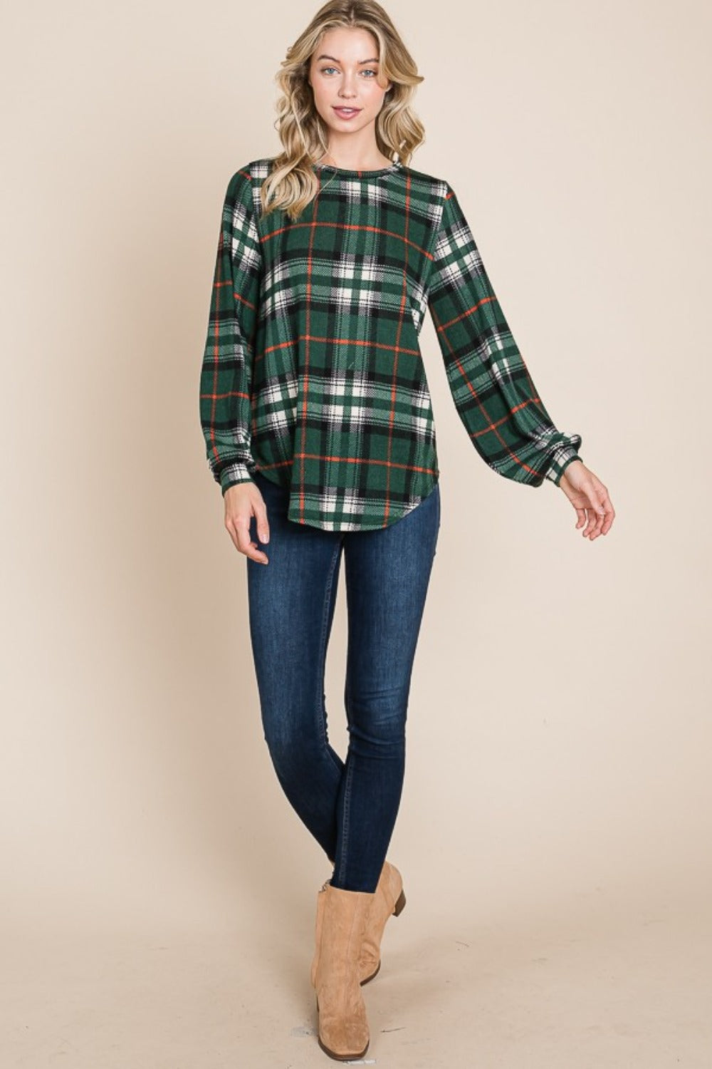 BOMBOM Curved Hem Plaid Round Neck Long Sleeve Top 20310 | Gulf Resellers 