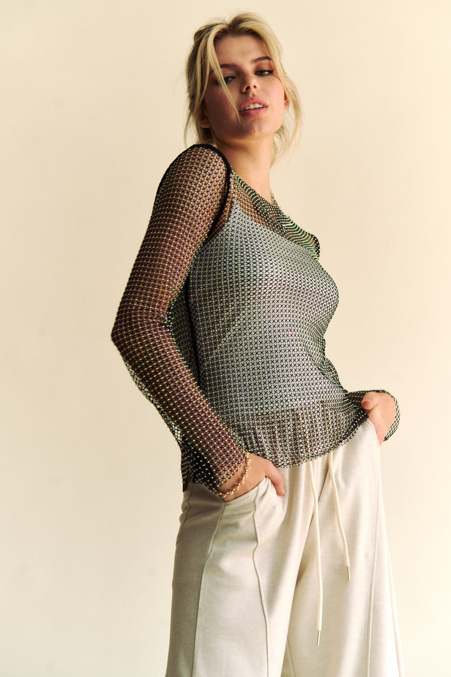 Davi & Dani Sparkling Rhinestone Sheer Mesh Round Neck Top 18106 | Gulf Resellers 