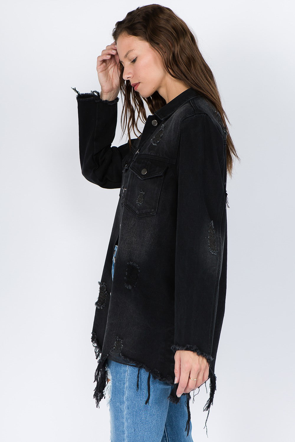 American Bazi Distressed Frayed Hem Denim Jacket | Gulf Resellers