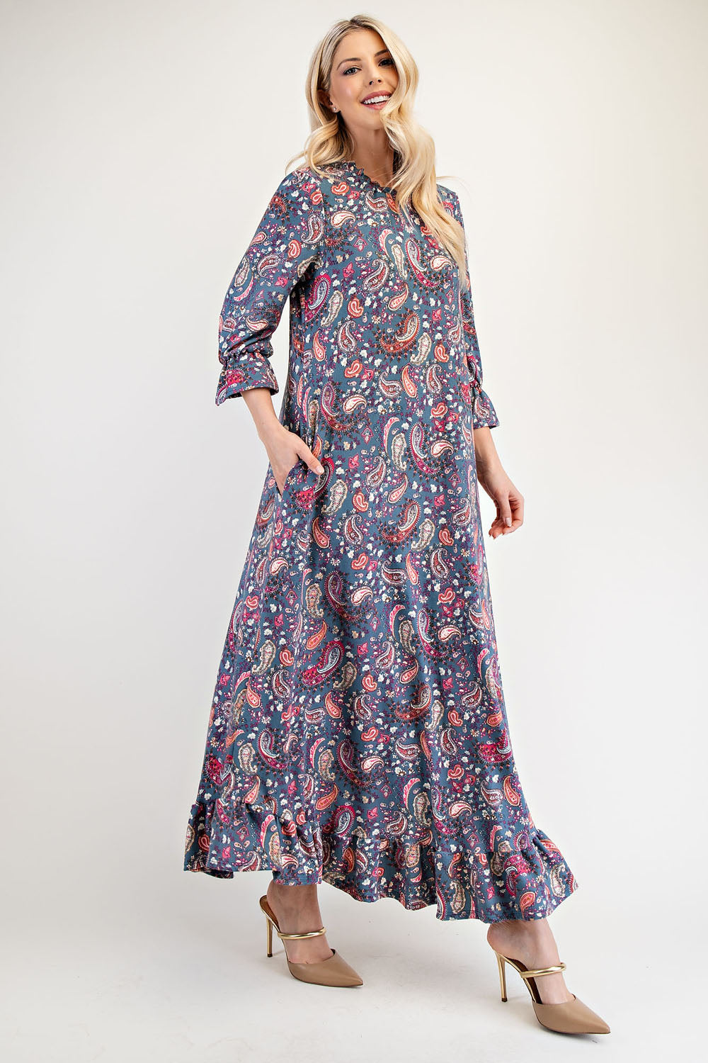 Celeste Full Size Ruffle Hem Paisley Round Neck Dress 20719 | Gulf Resellers 