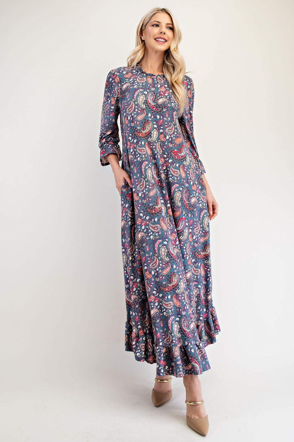 Celeste Full Size Ruffle Hem Paisley Round Neck Dress 20721 | Gulf Resellers 