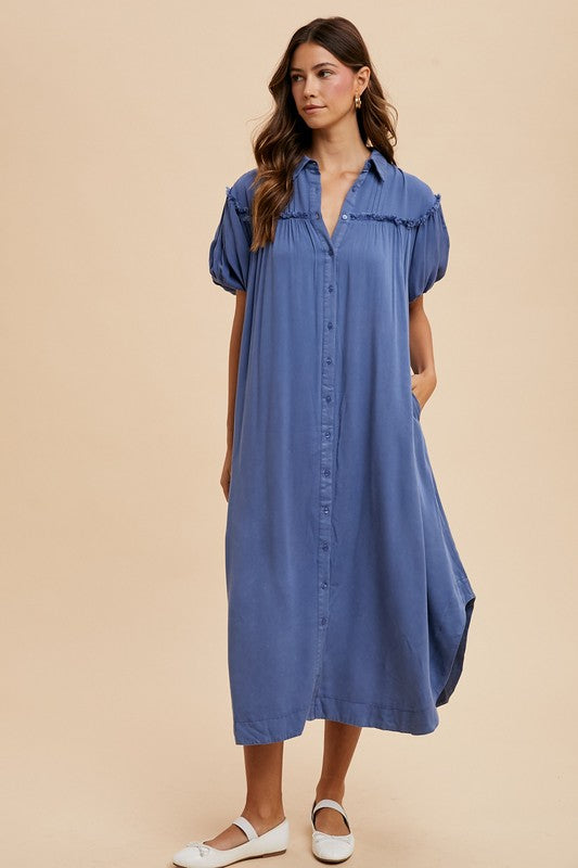 Annie Wear Mineral Washed Button Down Puff Sleeve Shirt Dress 20403 | Gulf Resellers 