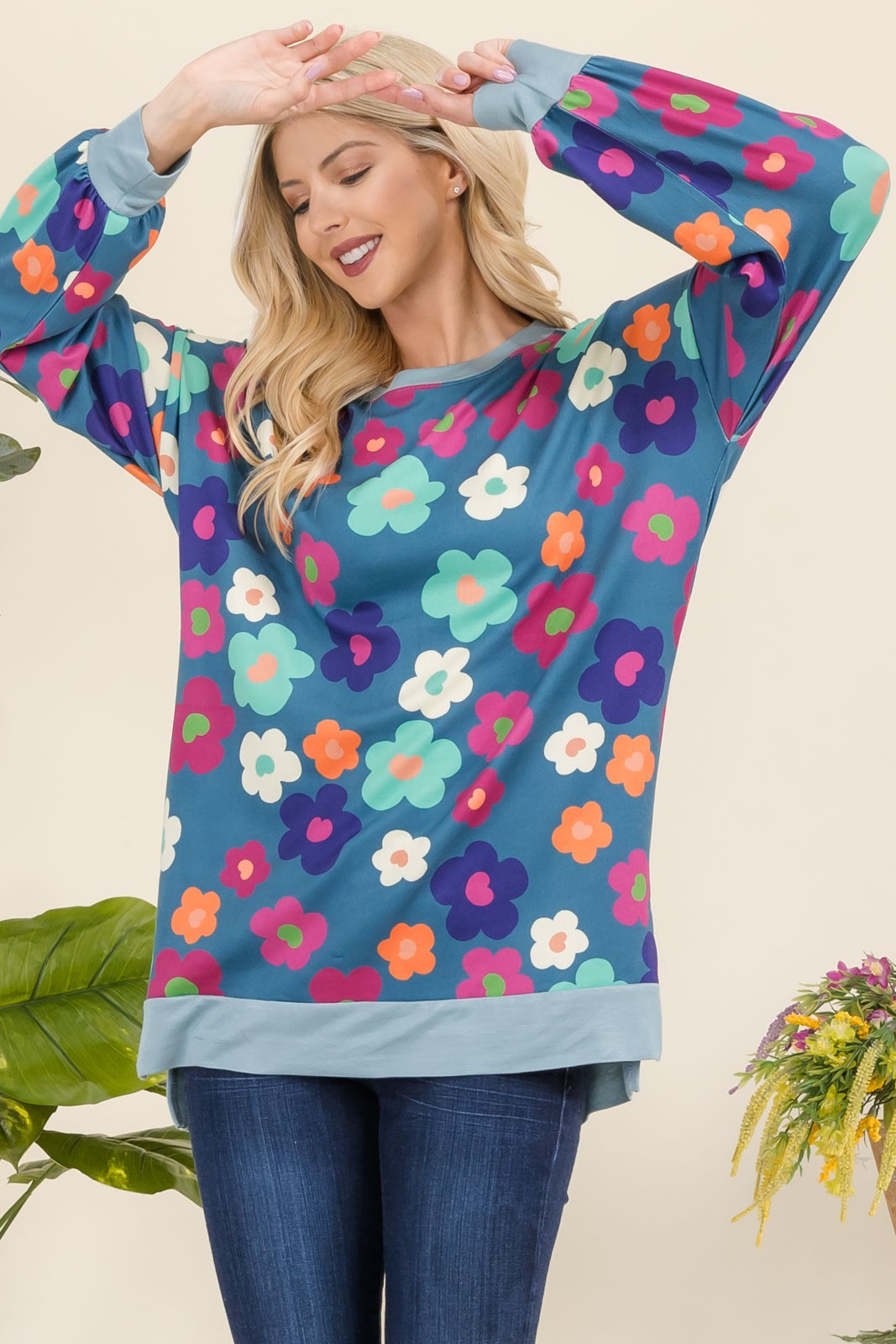 Celeste Full Size Side Slit Flower Print Long Sleeve Top 19558 | Gulf Resellers 