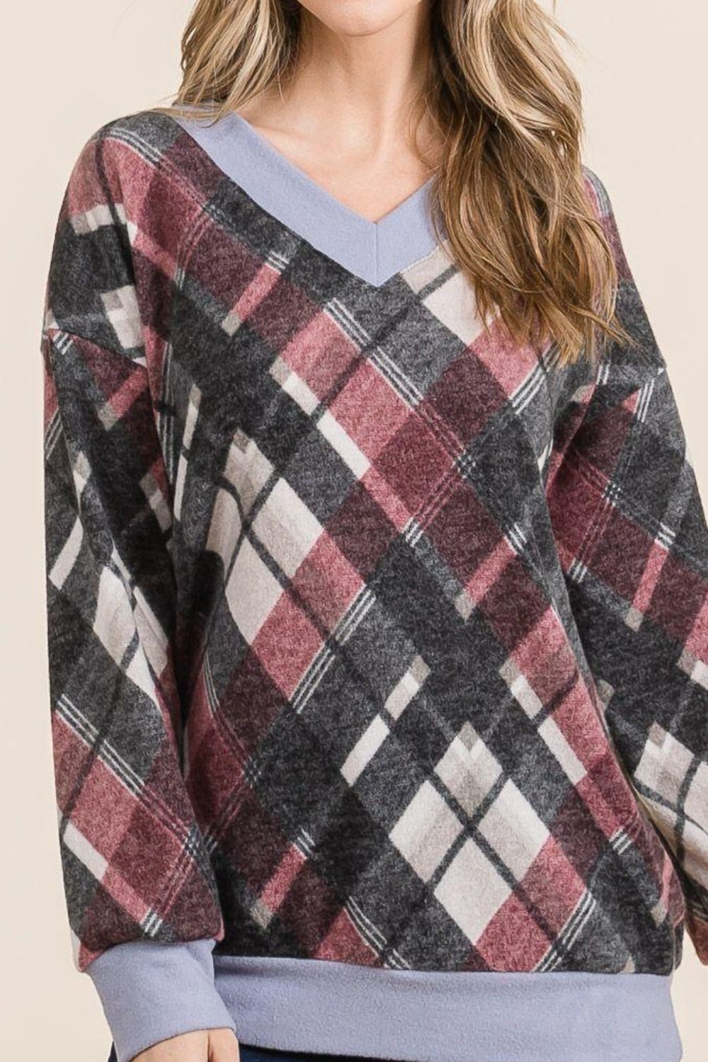 Celeste Plaid V-Neck Long Sleeve T-Shirt 19755 | Gulf Resellers 