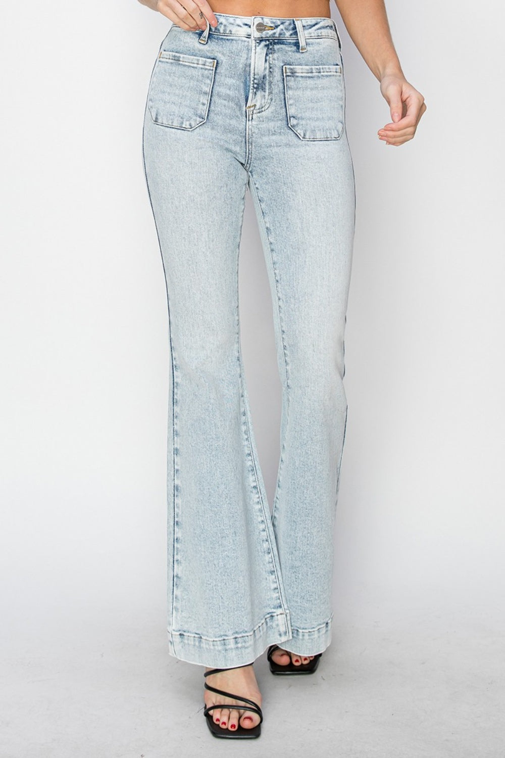 Risen Full Size High Rise Front Patch Pocket Flare Jeans | Gulf Resellers