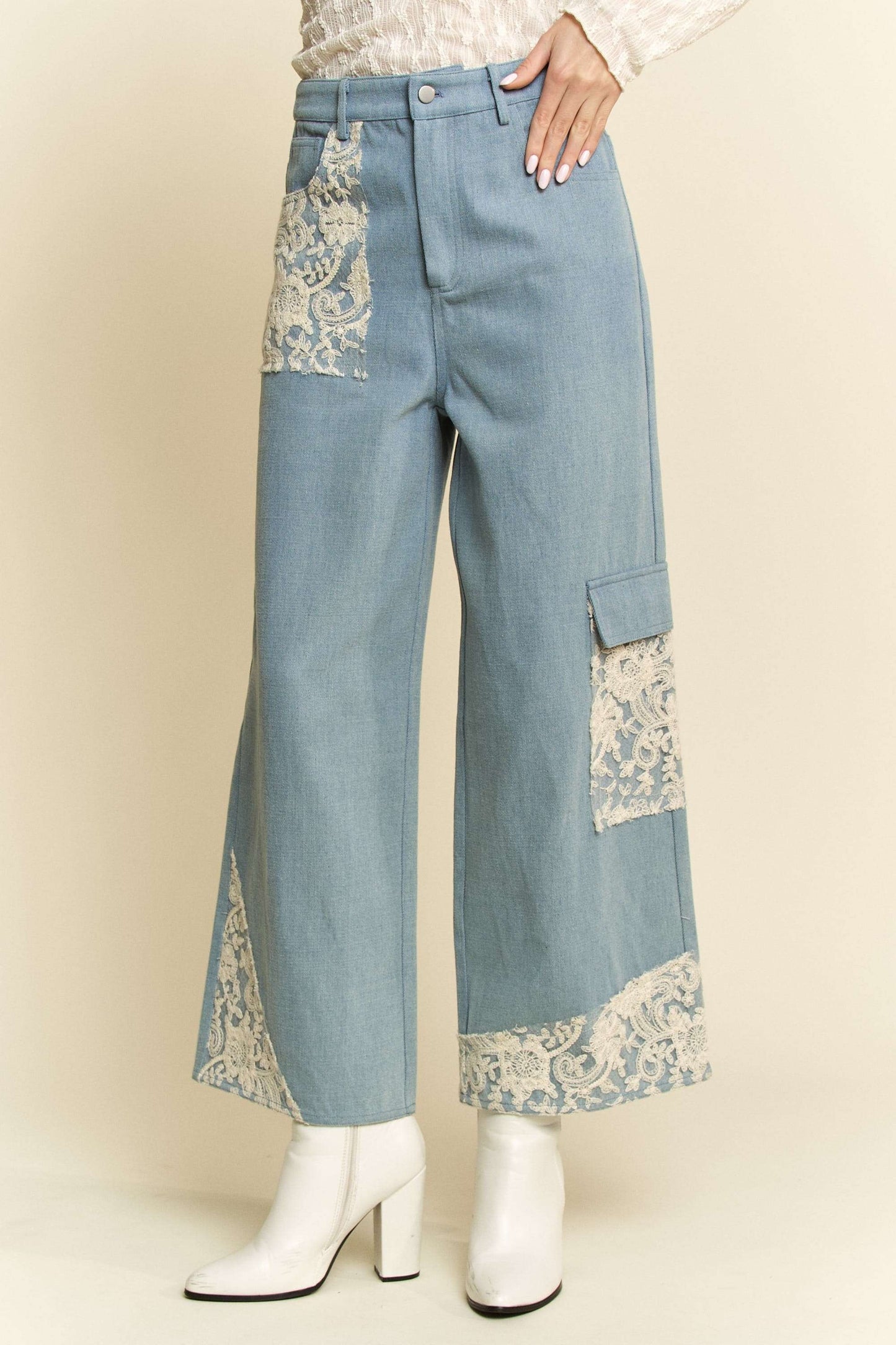 Davi & Dani Lace Applique Wide Leg Jeans 18967 | Gulf Resellers 