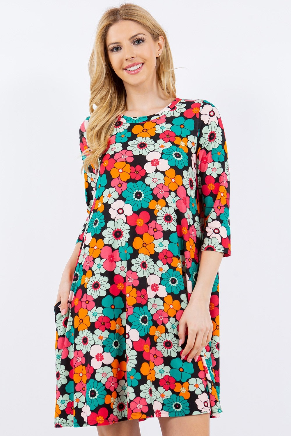 Celeste Full Size Floral Three-Quarter Sleeve Dress with Pockets 7919 | Gulf Resellers 