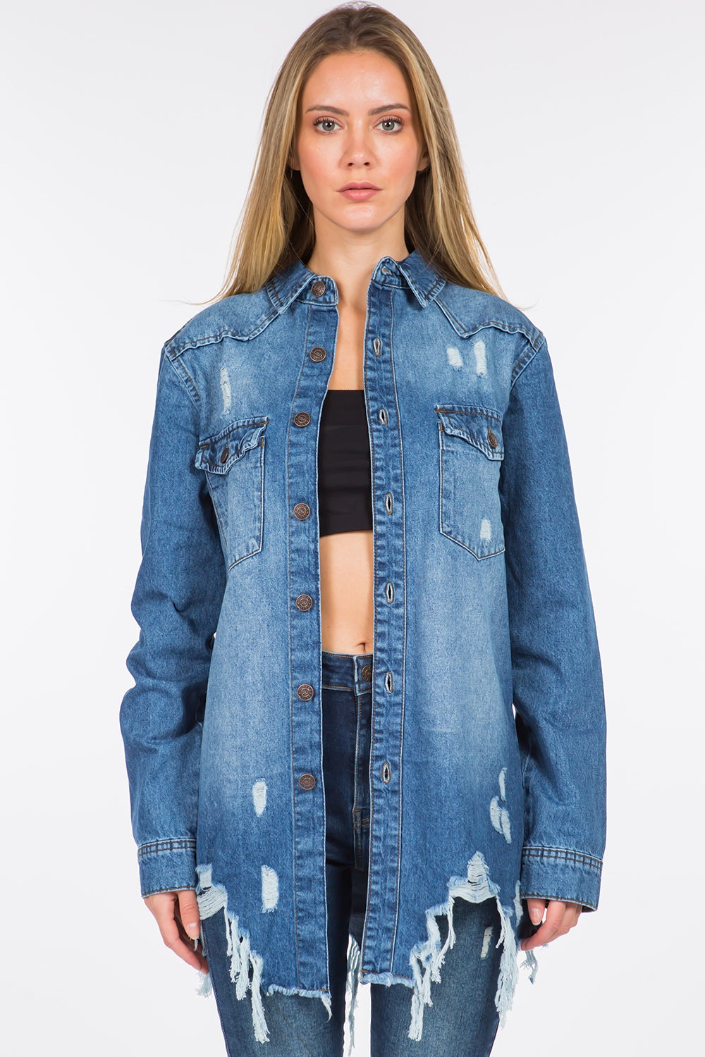 American Bazi Distressed Frayed Hem Denim Jacket 12825 | Gulf Resellers 