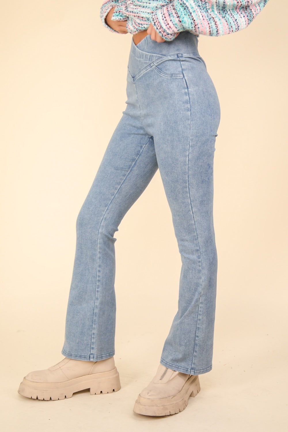 VERY J Washed Denim Stretchy Crossover Waist Leggings | Gulf Resellers