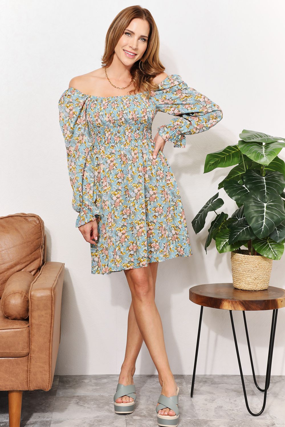 Double Take Floral Smocked Flounce Sleeve Square Neck Dress | Gulf Resellers