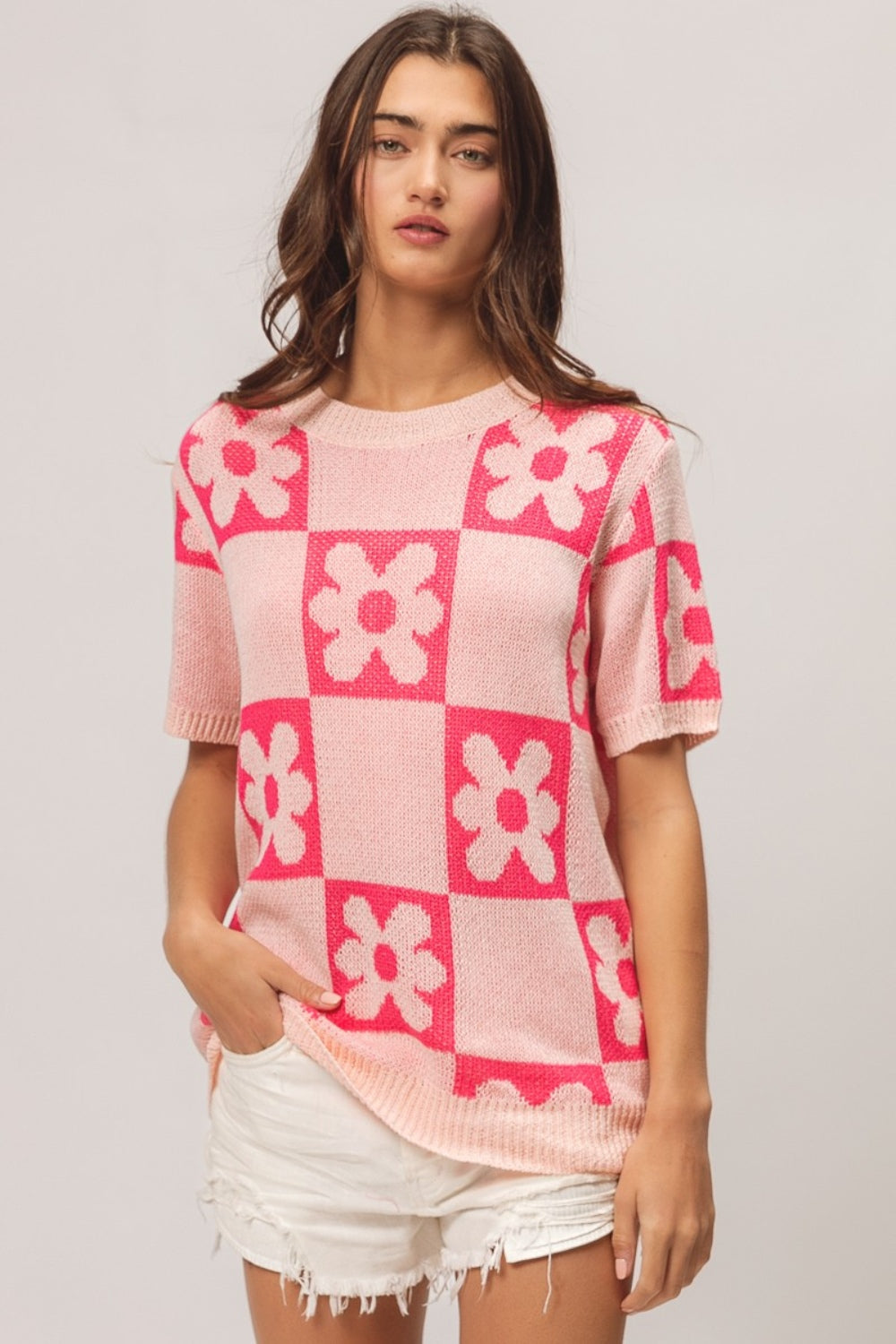 BiBi Flower Checker Pattern Short Sleeve Sweater 8722 | Gulf Resellers 