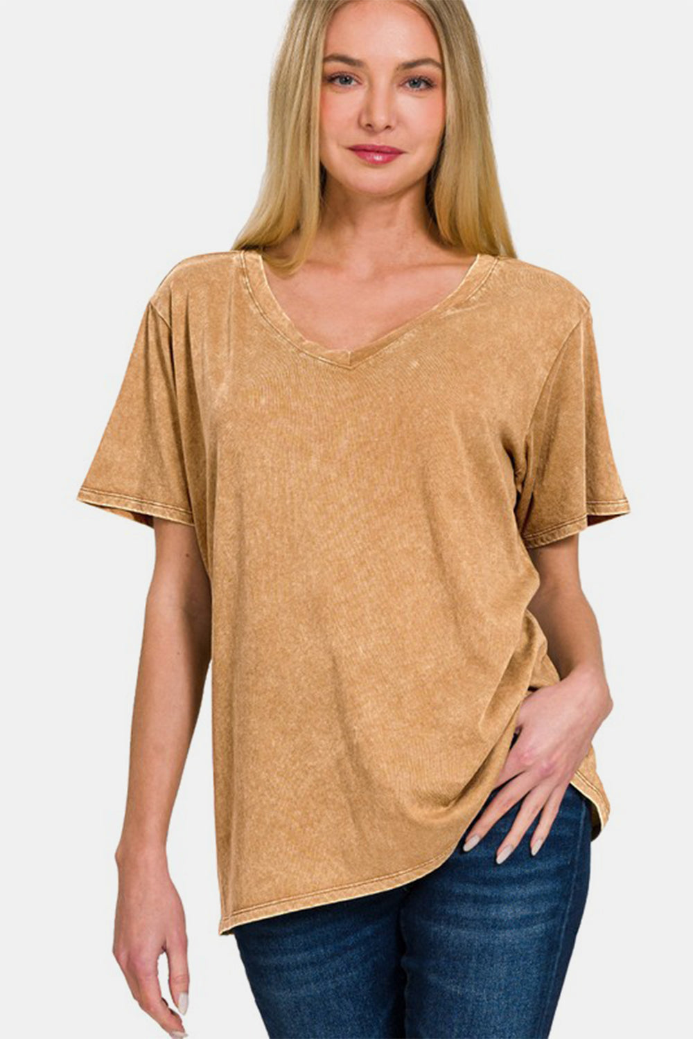 Zenana Full Size Washed Short Sleeve V-Neck T-Shirt 18437 | Gulf Resellers 