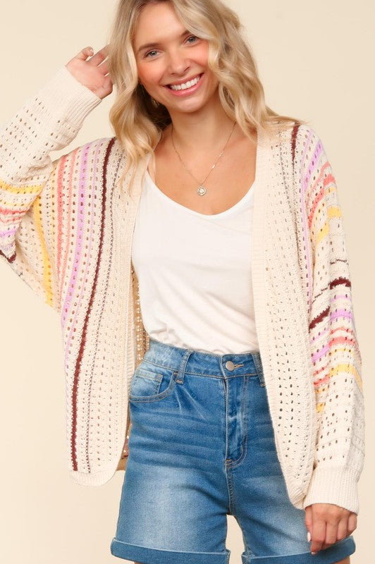 Haptics Full Size Striped Crochet Open Front Cardigan 19110 | Gulf Resellers 