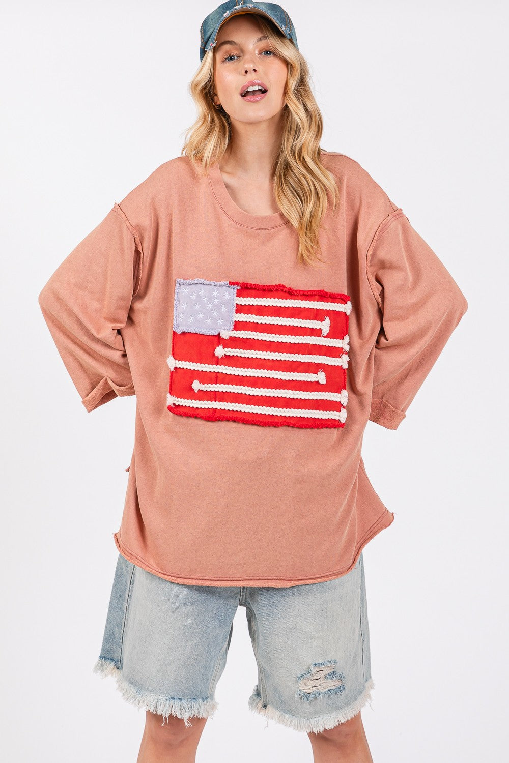 SAGE + FIG Full Size American Flag Patch Drop Shoulder T-Shirt 19011 | Gulf Resellers 