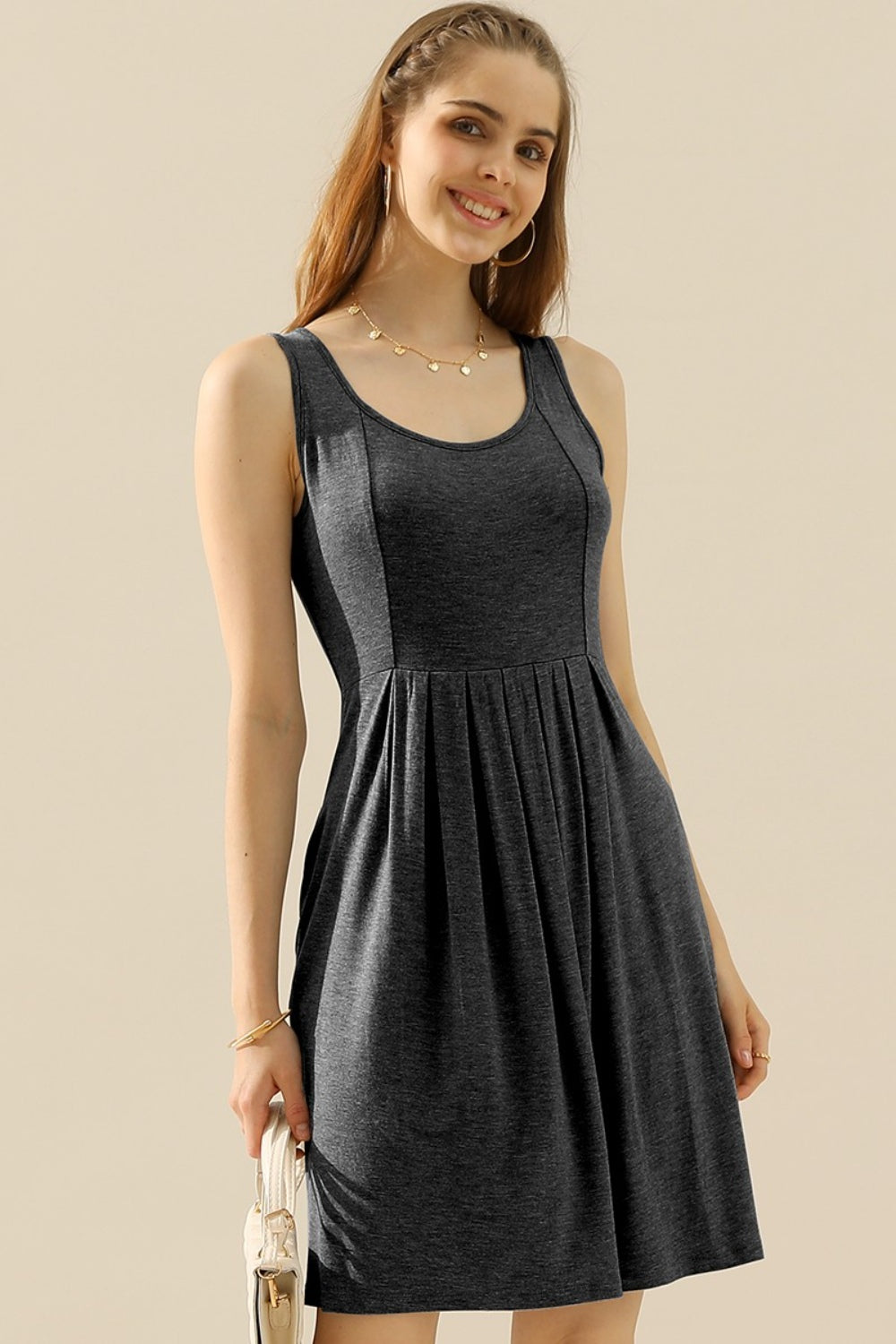 Doublju Full Size Round Neck Ruched Sleeveless Dress with Pockets | Gulf Resellers