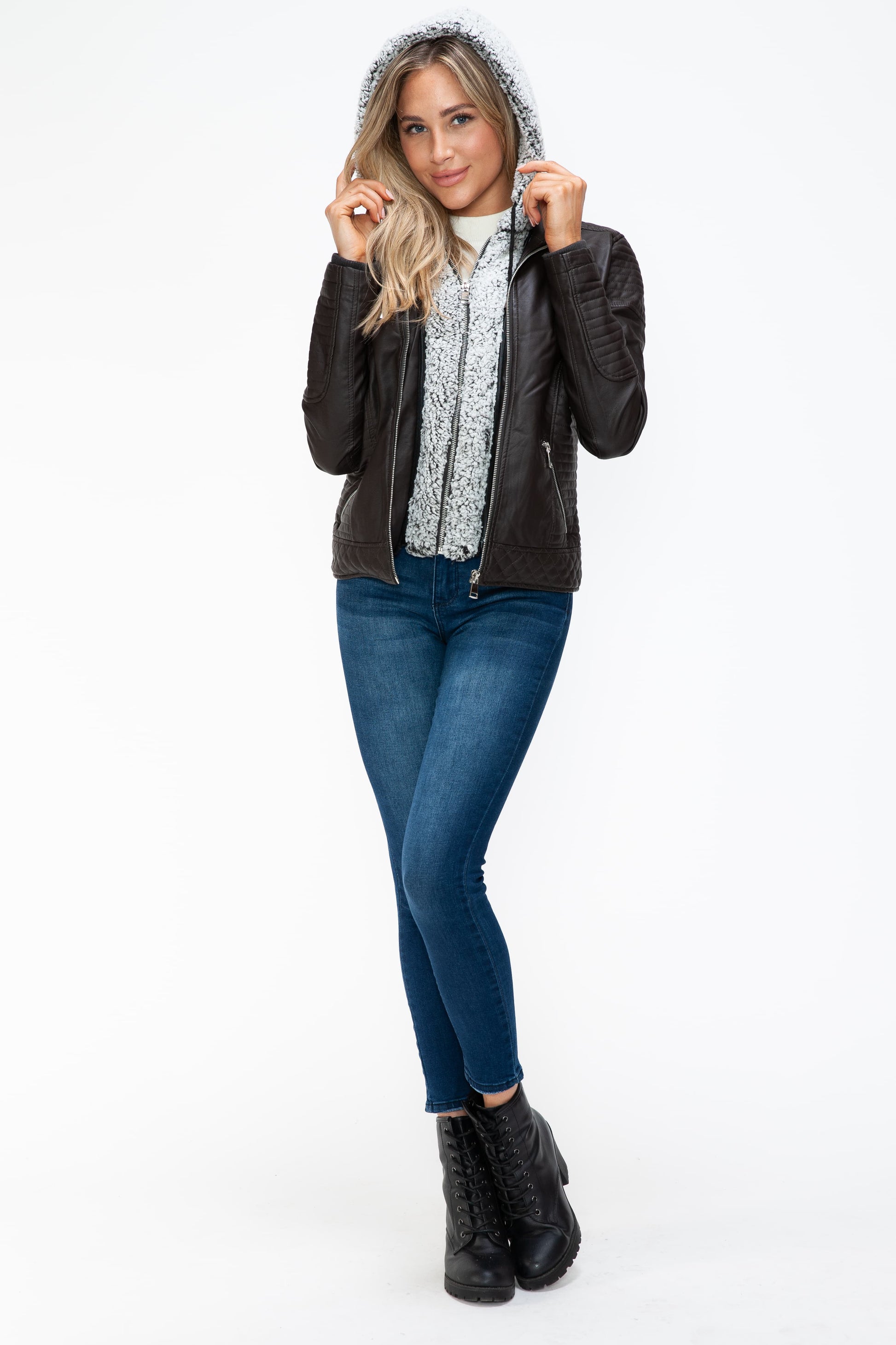 YMI Faux Layered Double-Zipper Jacket with Fuzzy Hood 15966 | Gulf Resellers 