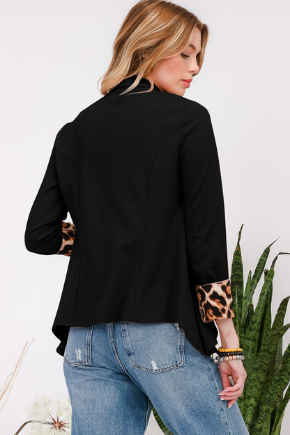 Celeste Full Size Rolled Leopard Cuff Open Front Blazer