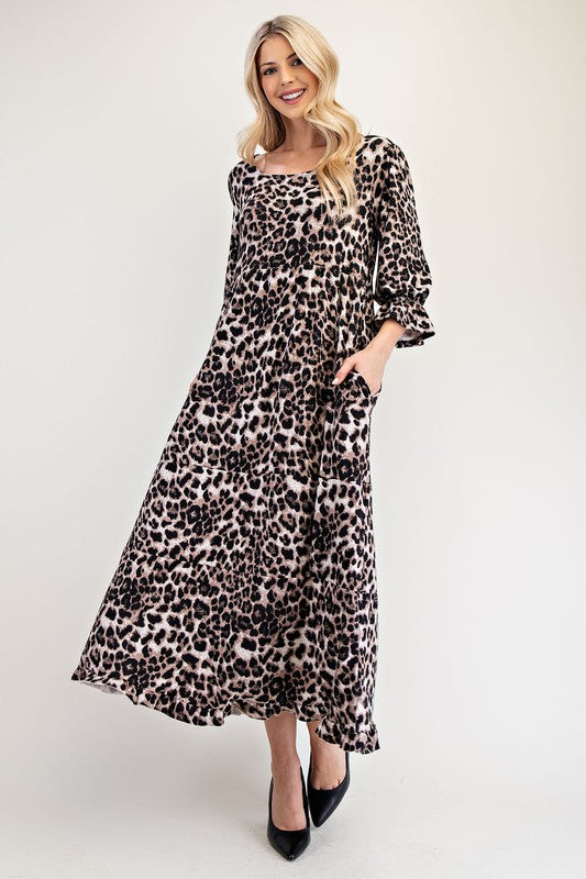 Celeste Full Size Leopard Round Neck Flounce Sleeve Dress 22098 | Gulf Resellers 