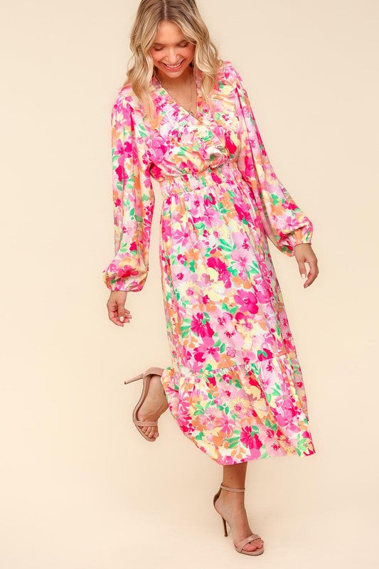 Haptics Full Size Floral Surplice Balloon Sleeve Dress with Side Pockets 20602 | Gulf Resellers 