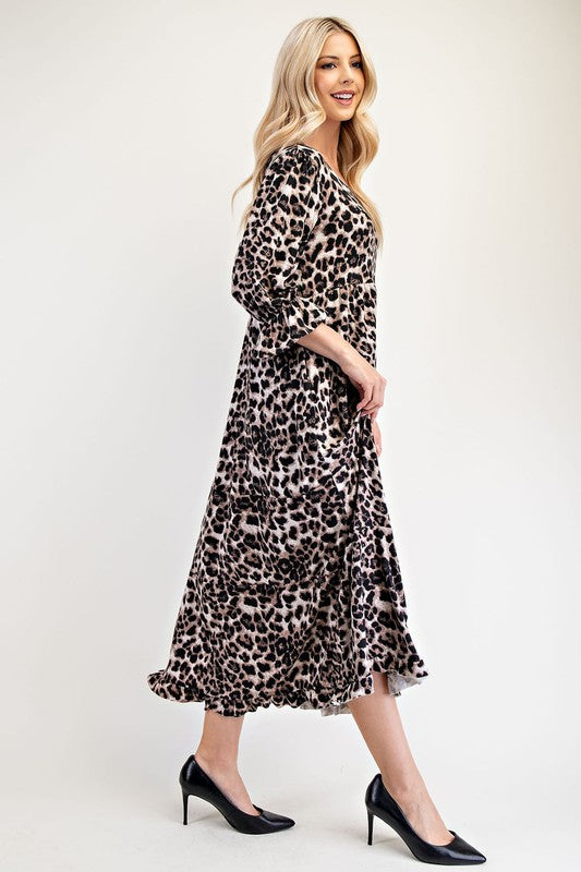 Celeste Full Size Leopard Round Neck Flounce Sleeve Dress 22100 | Gulf Resellers 