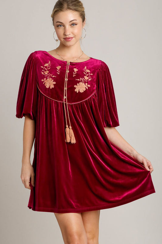 Umgee Embroidered Half Sleeve Velvet Mini Dress with Tassel 21211 | Gulf Resellers 