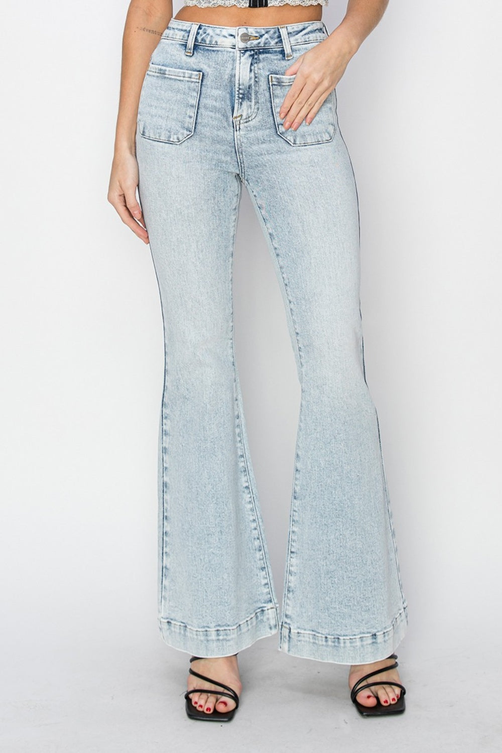 Risen Full Size High Rise Front Patch Pocket Flare Jeans | Gulf Resellers