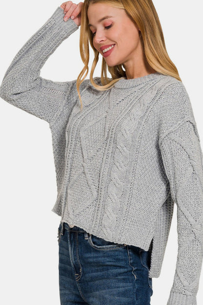 Zenana Cropped High Low Cable Sweater with Side Slits