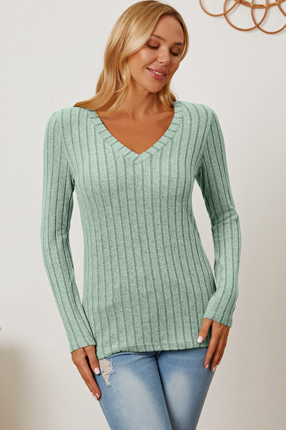 Basic Bae Full Size Ribbed V-Neck Long Sleeve T-Shirt