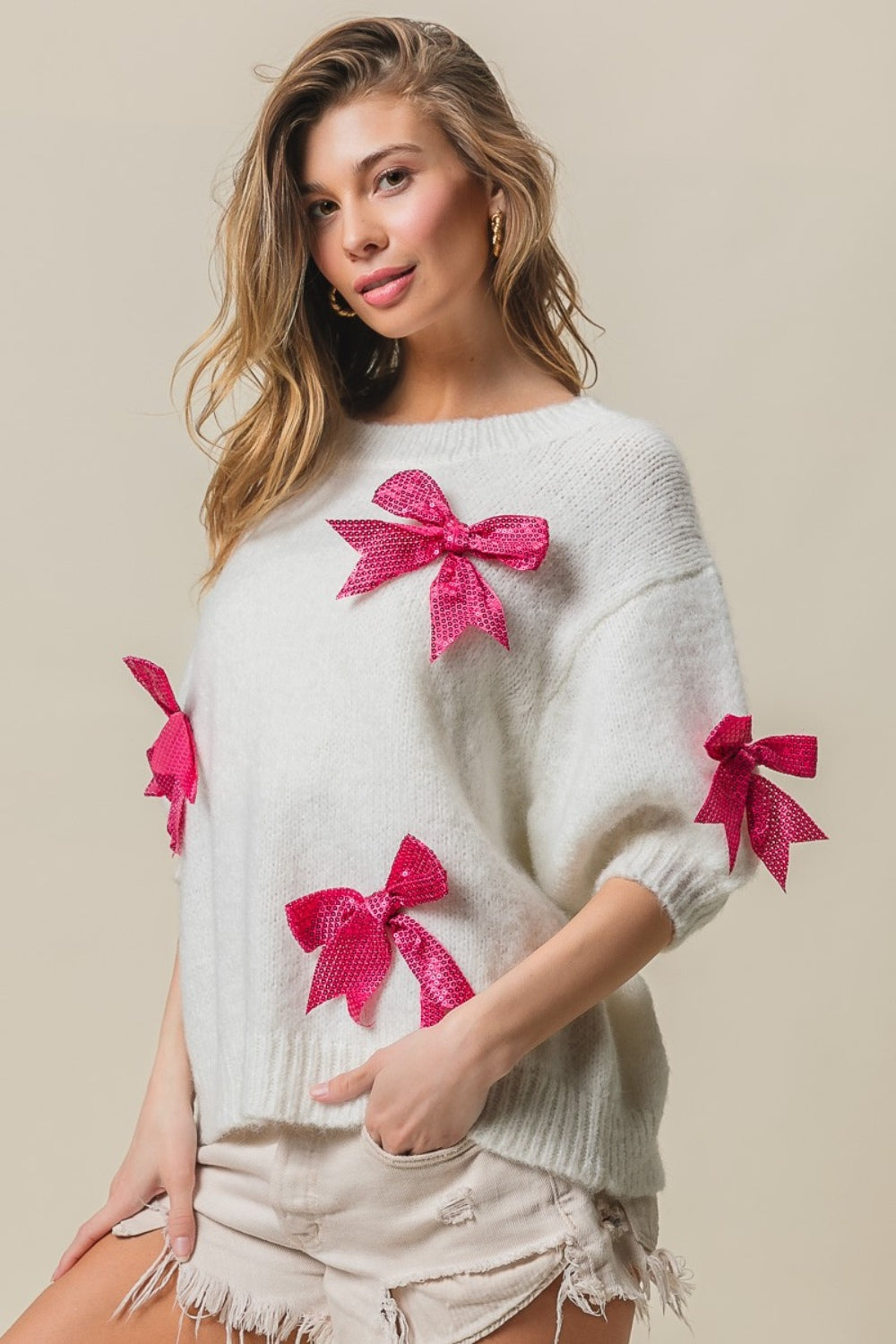 BiBi Sequin Bow Puff Sleeve Sweater | Gulf Resellers