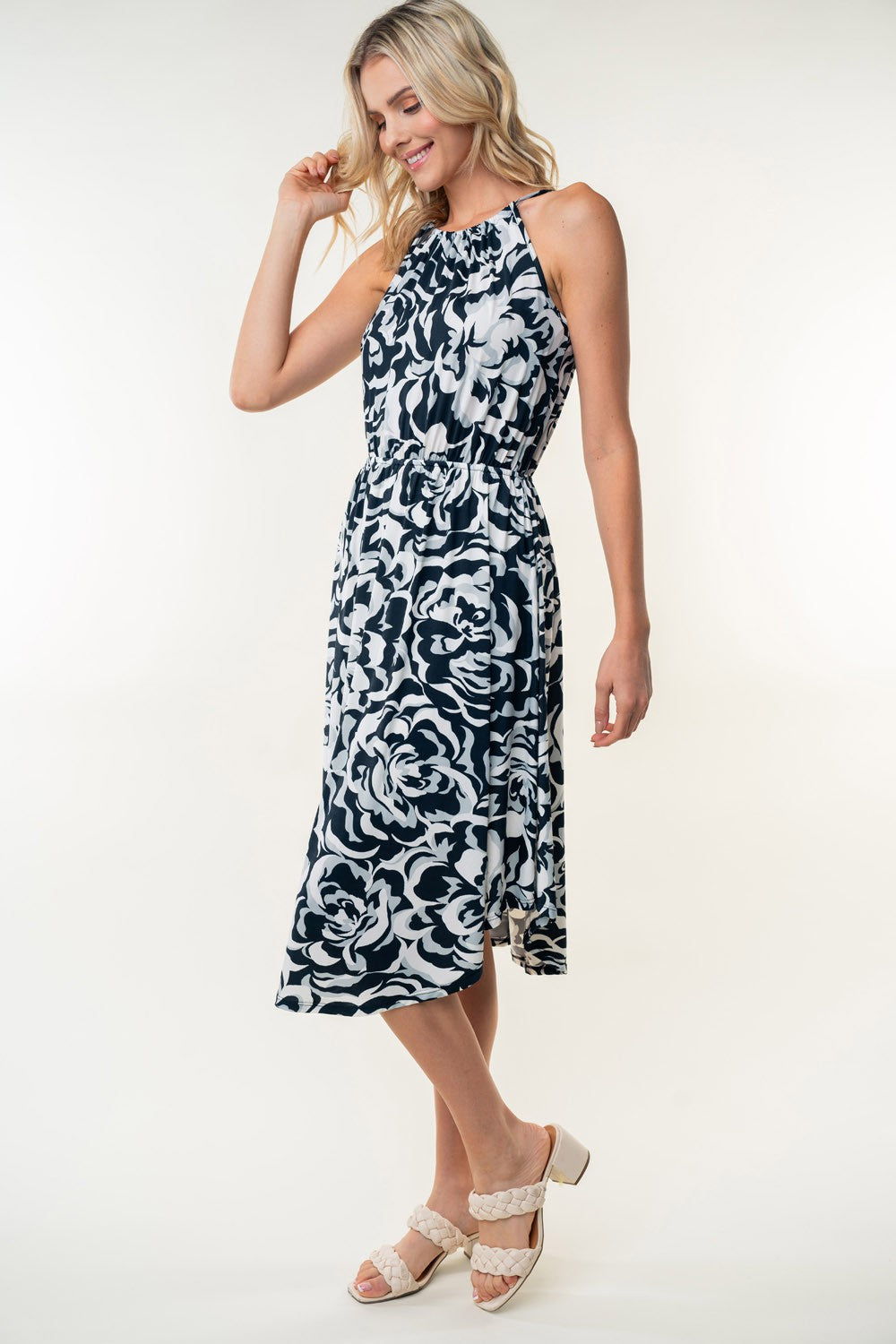 White Birch Tied Ruched Floral Sleeveless Knee Length Dress 5303 | Gulf Resellers 