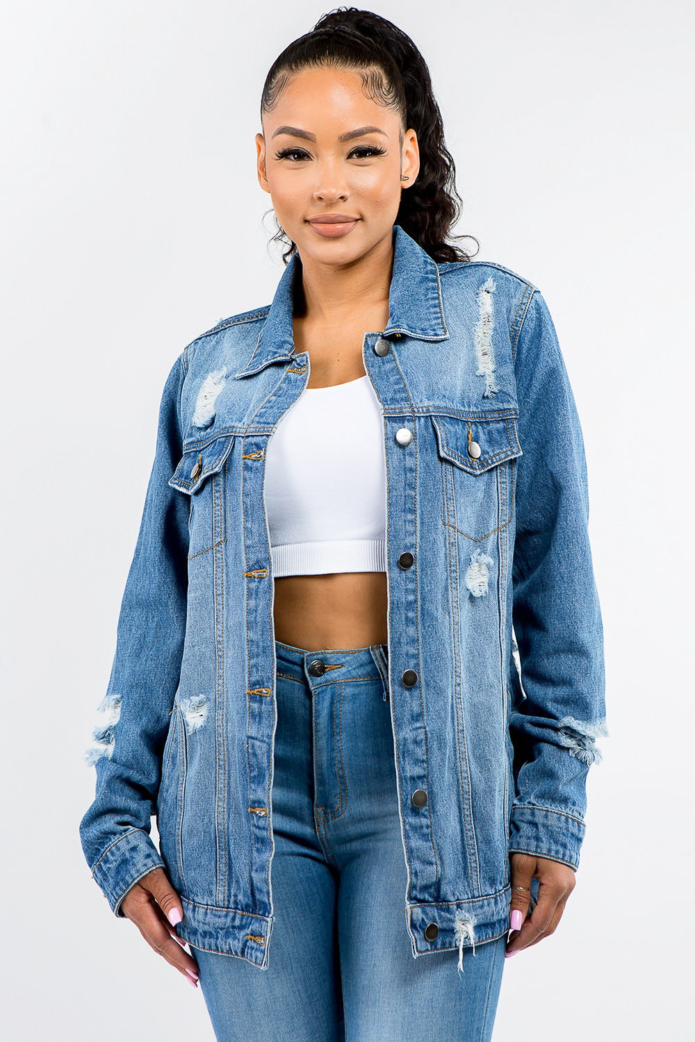 American Bazi Full Size Button Up Distressed Denim Jacket 13065 | Gulf Resellers 