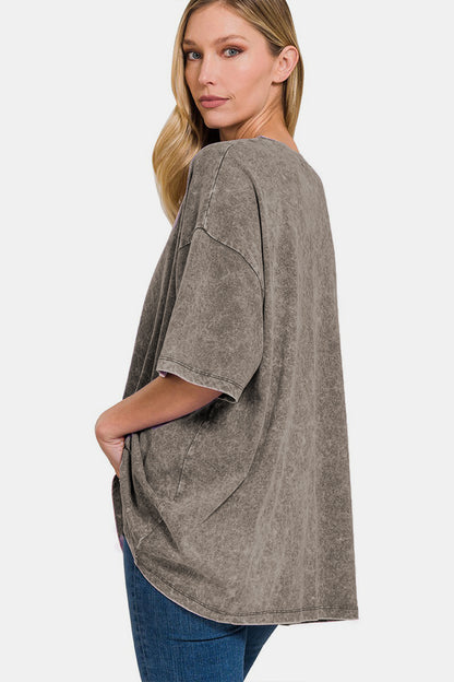 Zenana Washed Round Neck Drop Shoulder Oversized T-Shirt