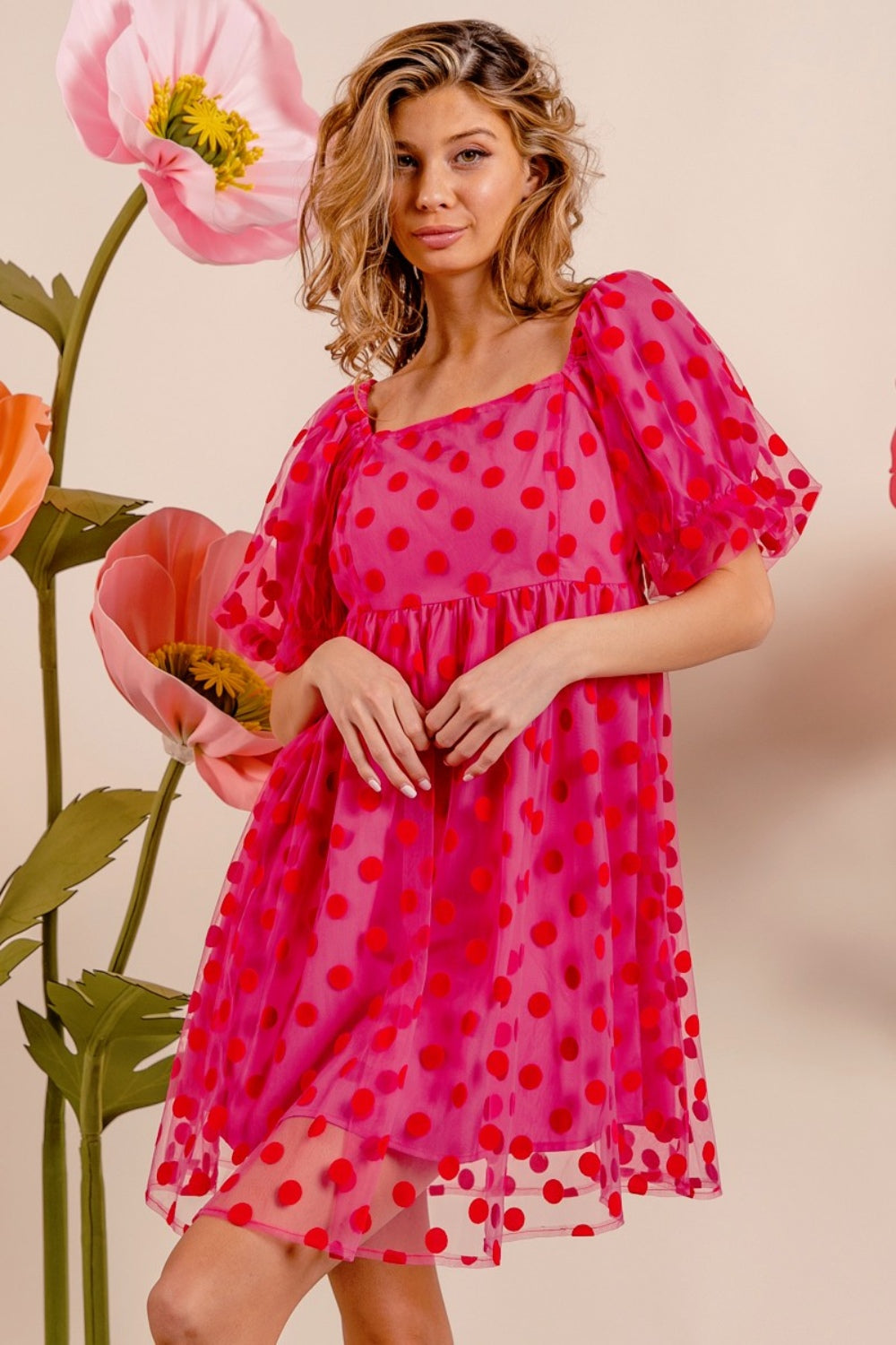 BiBi Polka Dot Mesh Puff Sleeve Dress