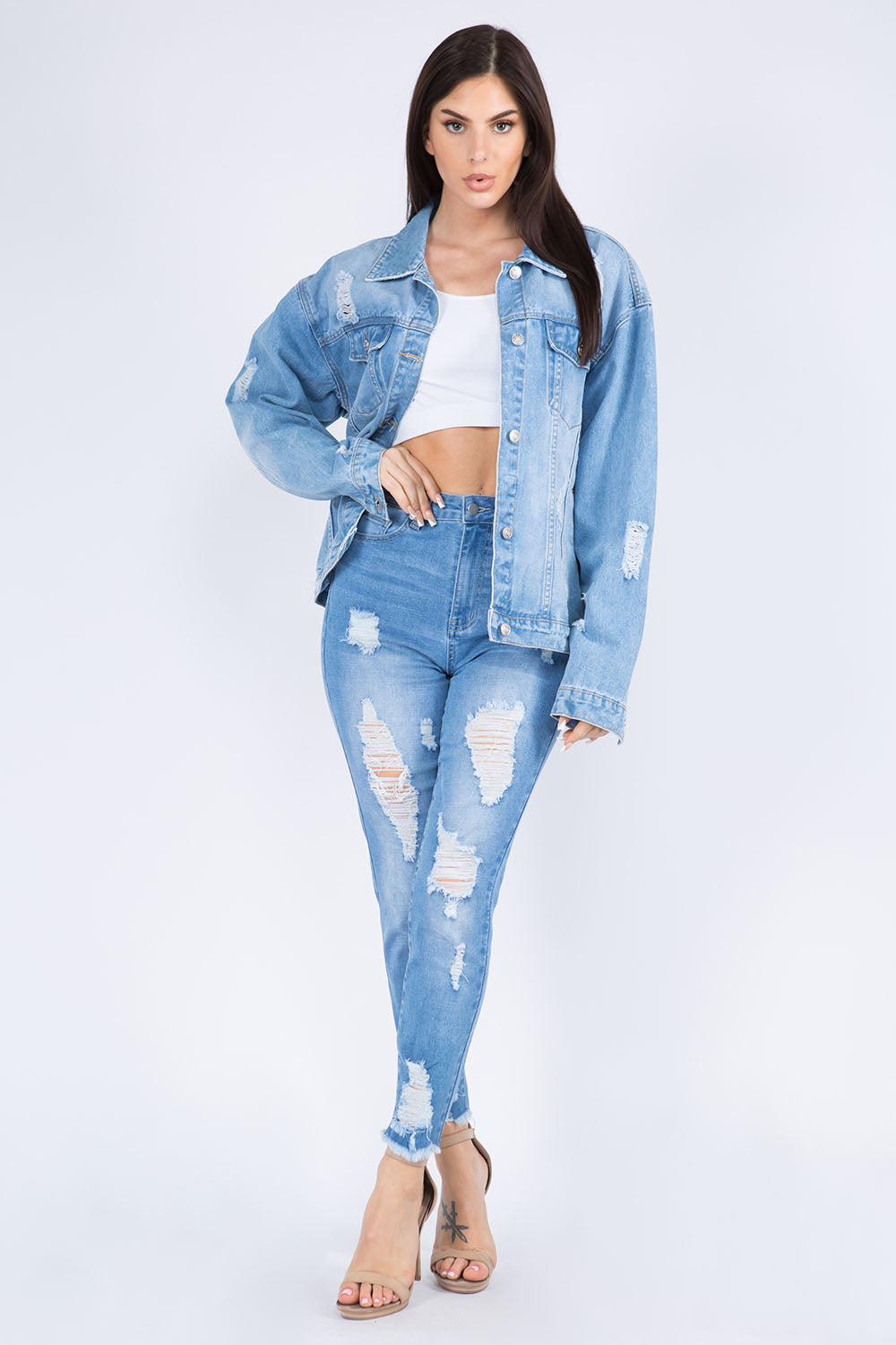 American Bazi Full Size Painted Back Distressed Denim Jacket 13414 | Gulf Resellers 