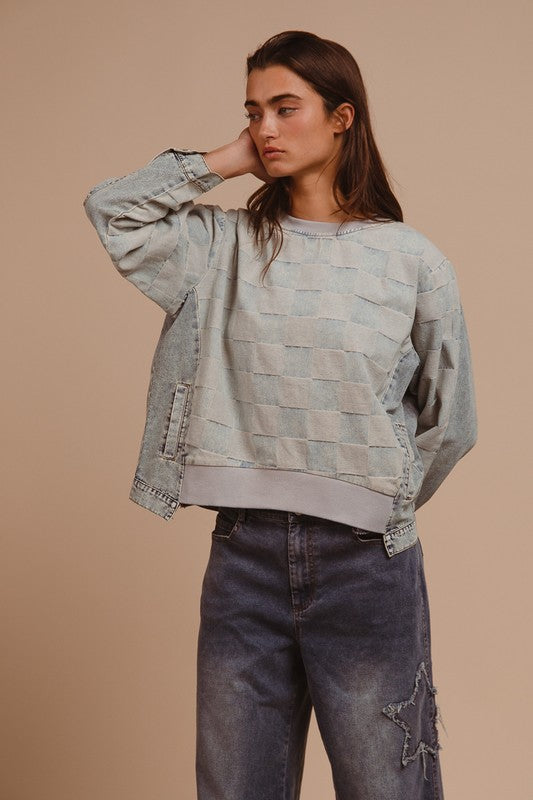 BiBi Mineral Washed Checkered Round Neck Denim Top 20097 | Gulf Resellers 