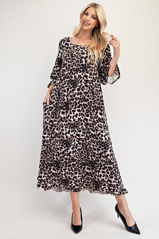 Celeste Full Size Leopard Round Neck Flounce Sleeve Dress 22101 | Gulf Resellers 