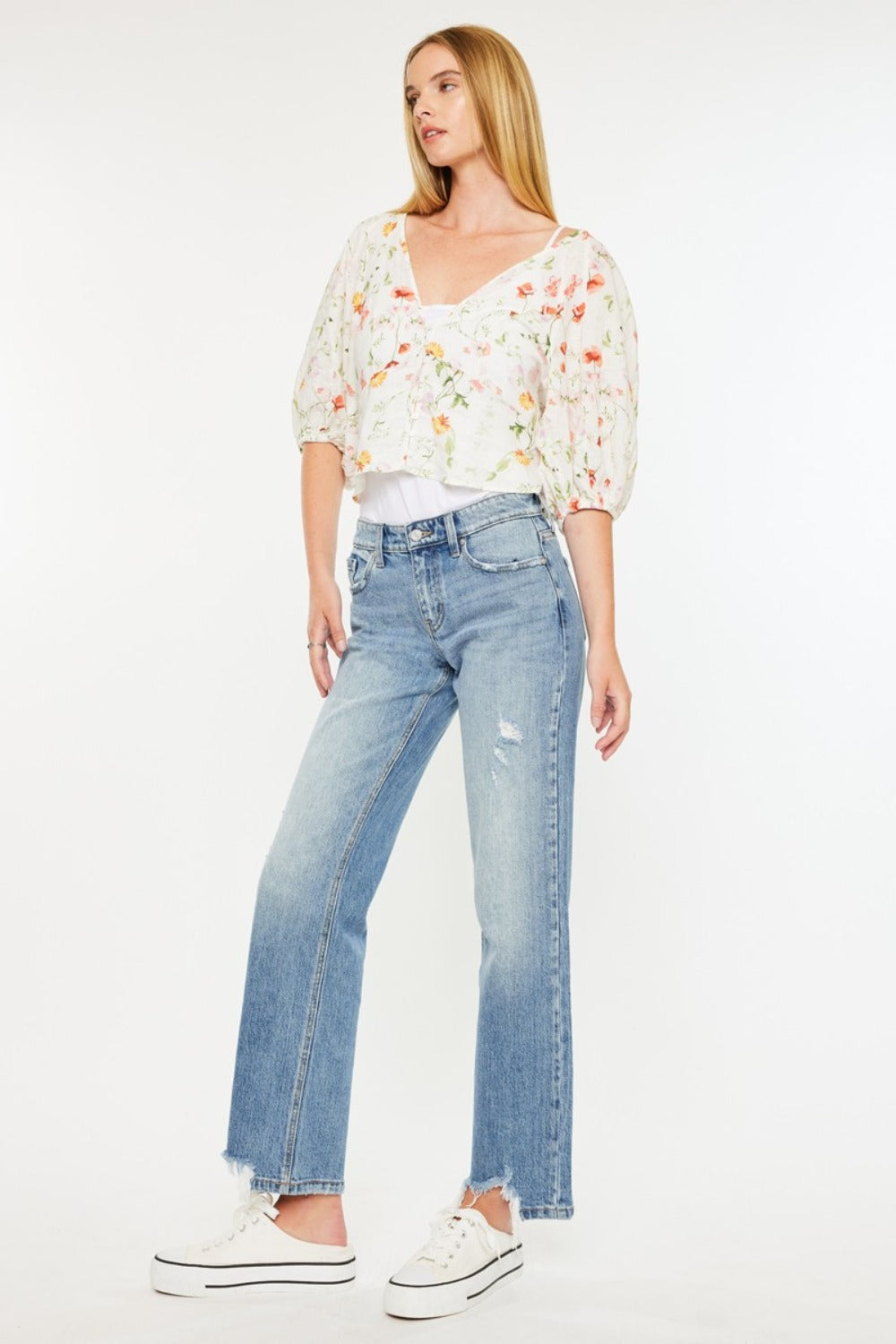 Kancan Mid Rise Frayed Hem Straight Jeans | Gulf Resellers