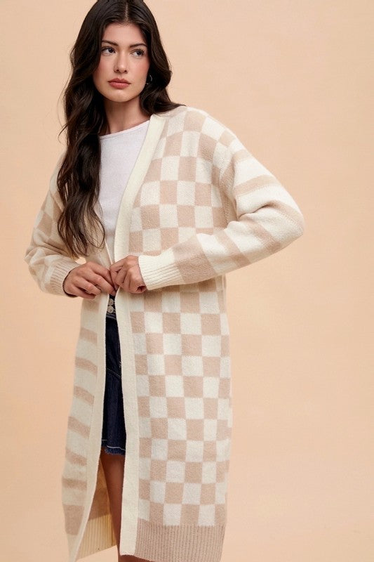 Annie Wear Checkered & Striped Open Front Long Sleeve Cardigan 21083 | Gulf Resellers 